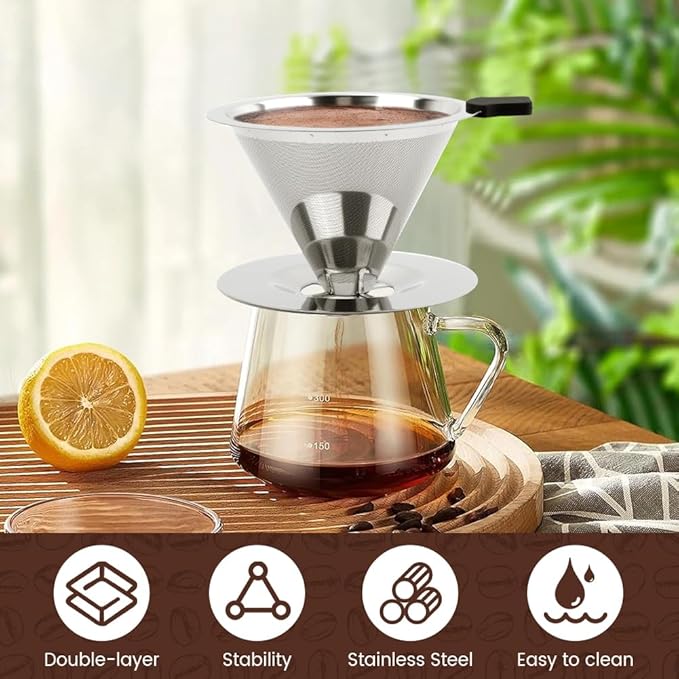 Pour Over Coffee Dripper, Stainless Steel Cone Coffee Filter with Base, Dual-Layer Fine Mesh Coffe Filter, Paperless Reusable Cone Coffee' Maker Dripper with Cleaning Brush(SIZE:M)