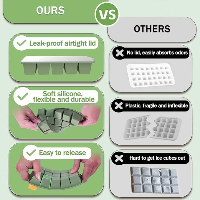 Ice Cube Trays for Freezer, 2 Pack Easy Release Slicone Ice Cube Tray with Lid, BPA Free Stackable Flexible Ice Molds 15 Square Reusable Ice Cubes for Whiskey, Baby Food, Iced Coffee (Green)