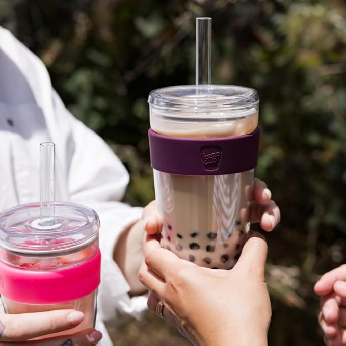 KeepCup Cold Cup - Longplay Double wall Glass Ice Coffee Tumbler with Lid and Straw - 16oz (454ml) - Black