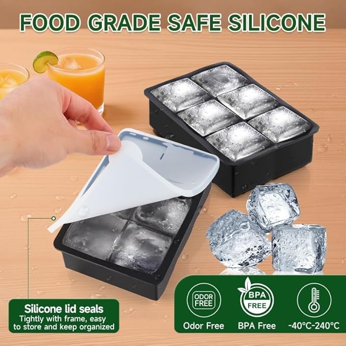 Silicone Ice Cube Tray, Easy Release Flexible Silicone Freezer Mold with Removable Lid, 2PCS of 6 Large Ice Cubes Tray for Whiskey, Freezer, Cocktail, Reusable & BPA Free (6 Square*2)