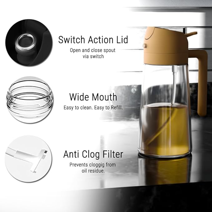 2-in-1 Oil Dispenser and Sprayer, 16oz/470ml Glass Olive Oil Sprayer for Cooking, Leakproof and Refillable Oil Mister for BBQ, Salad, and Baking (Orange)