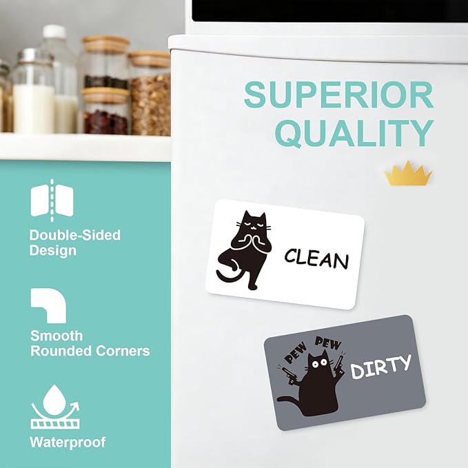 Funny Black Cat Clean Dirty Dishwasher Magnet - Cute Refrigerator Kitchen Magnet, Non-Scratch Strong Double Sided Washing Machine Sign, Housewarming Gifts for Cat Lovers, Home Apartment Essentials (White&Gray)