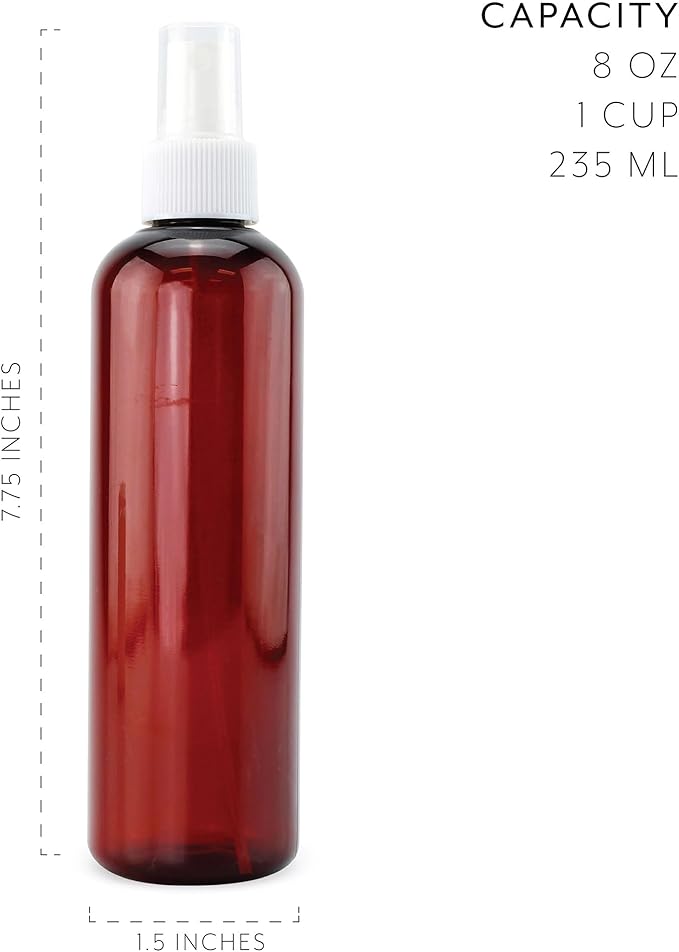 Cornucopia Brands 8oz Amber Brown Plastic Spray Bottles with White Fine Mist Atomizers (Pack of 6) Brown Plastic Spritzer Bottles