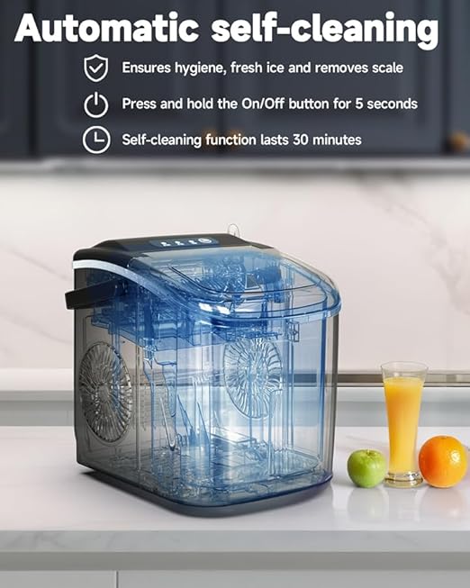 Countertop Ice Maker with Handle,26lbs/24H Bullet Ice Machine, 9 Ice Cubes Ready in 6 Mins,Self-Cleaning Sonic Ice Maker for Home/Office/Kitchen/RV/Party