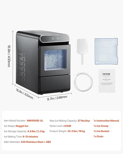 VEVOR Nugget Ice Maker, 37lbs/24H, with Self Cleaning, with Ice Scoop and Basket, Stainless Steel Ice Machine with Convenient Ice Transfer for Home Kitchen Office
