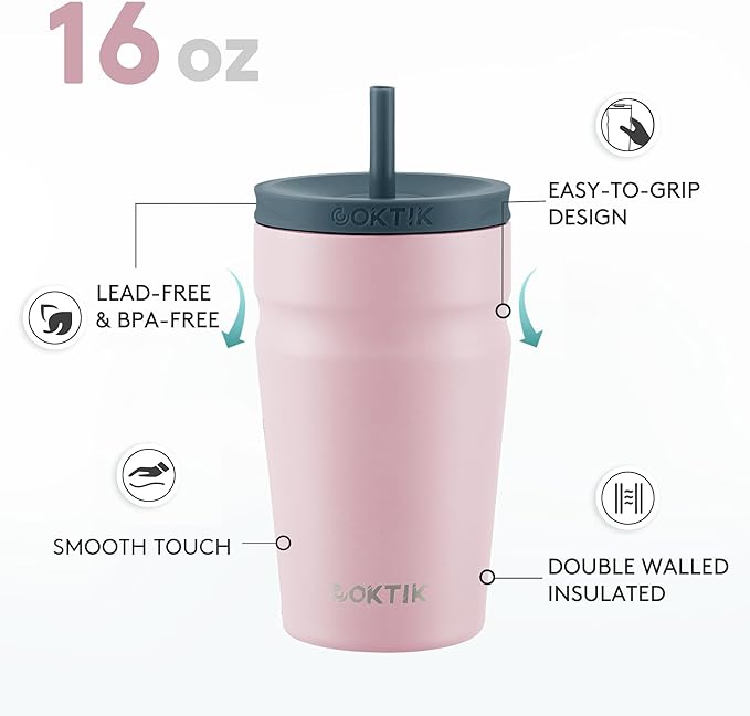 COKTIK 16oz Insulated Tumbler with Lid and Straw Iced Coffee Cup Reusable Stainless Steel Travel Mug Water Bottle Cupholder Friendly for Women Men Her Him (Blush)