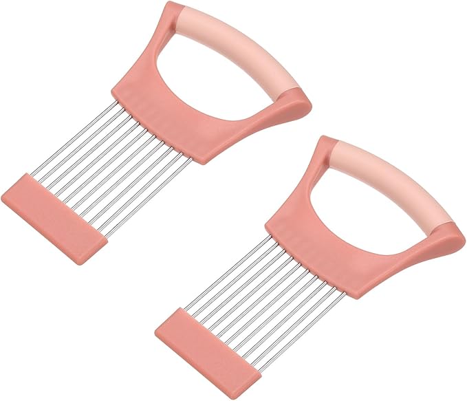 uxcell 2 Pcs Onion Slicer Holder, Stainless Steel Vegetable Cutting Holder Food Cutter Tool for Slicing Storing Onions Tomatoes Potatoes Avocados Apples, Pink