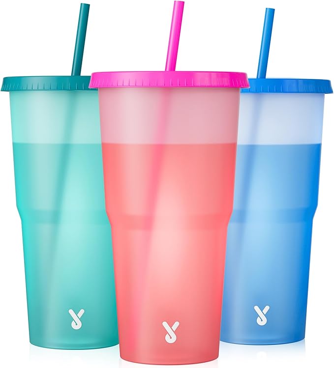 Meoky Plastic Cups with Lids and Straws - 3 Pack 40 oz Tumblers Bulk, Reusable Color Changing Cups for Party, Car, Women, Adults, Iced Coffee, BPA-free