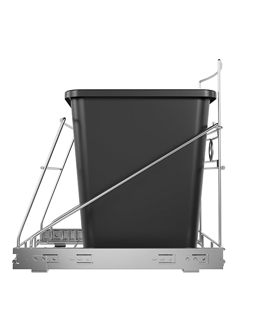 Pull Out Trash Can Under Cabinet Adjustable Trash Can Holder for 7 to 11 Gallon Bin Bottom Mount Slide Out Trash Rack for Narrow Cabinets(Silver, No Bin Included)