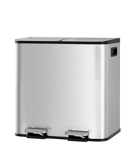 GarveeHome 2 x 4 gal Stainless Steel Double Trash Can with Lid for Kitchen, Large Dual Trash and Recycle Bin Combo, Step-on Kitchen Metal Garbage Cans, PP Inner Buckets, Liner Rim, Silver