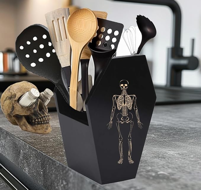 Halloween Gothic Kitchen Decor - Goth Coffin Utensil Holder (Utensils Not Included), Dual-Sided Laser-Etched Skeleton, Solid Wood Large Capacity for Spooky Bats Spoons Skull Spatulas