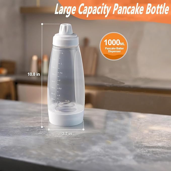 Pancake Batter Dispenser,Pancake Batter Dispenser Bottle with Whisk Ball, 1000ML Batter Mixer and Dispenser for Pancakes, Crepes, Waffle,Kitchen Baking Tool, 2 Pack