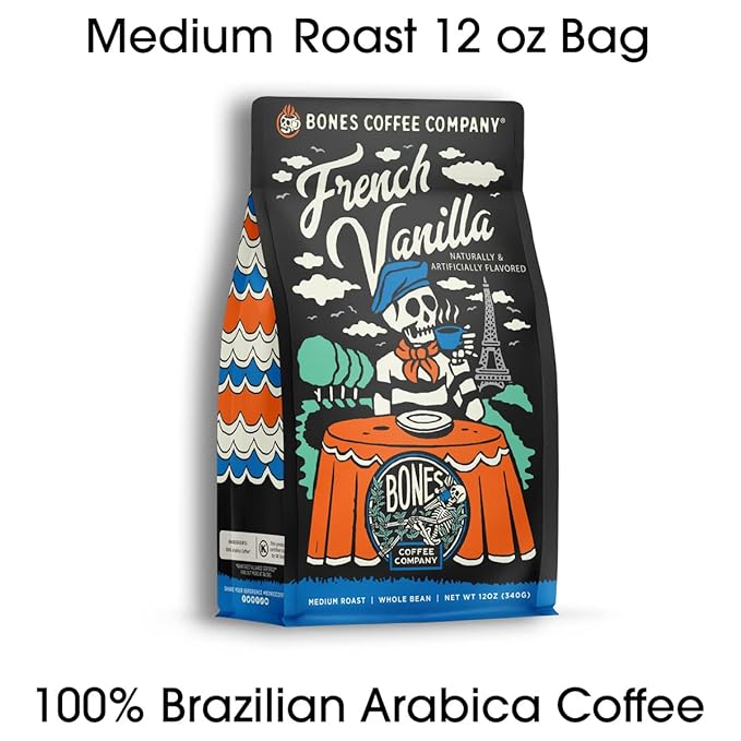 Bones Coffee Company French Vanilla, Creamy Vanilla Flavored Coffee, Medium Roast Low Acid Arabica Beans Compatible with Auto drip and French Press Coffee Maker, 12 Oz Ground