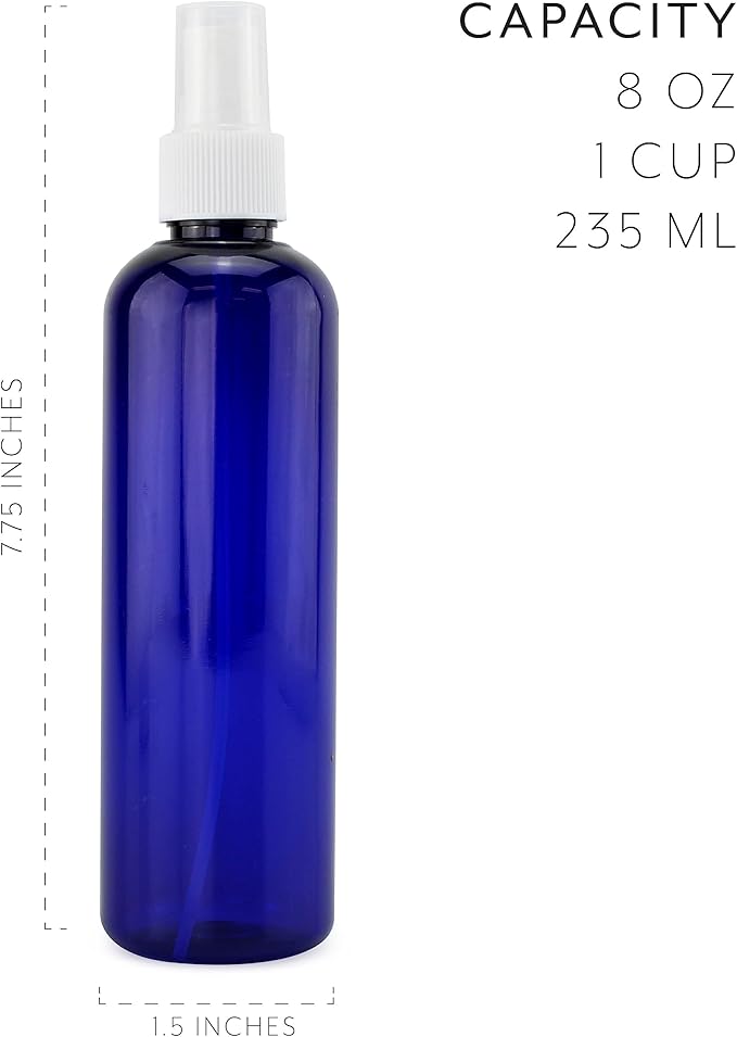 Cornucopia Brands 8oz Blue Plastic Spray Bottles with White Fine Mist Atomizers (Pack of 6) for DIY Home Cleaning, Aromatherapy, Beauty Care