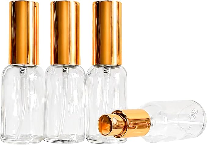 12 Pack 1oz Clear Glass Spray Bottles for Essential Oils, Small Spray Bottle, Fine Mist Spray, Gold Sprayer,for Travel Perfume, Hair & Cleaning