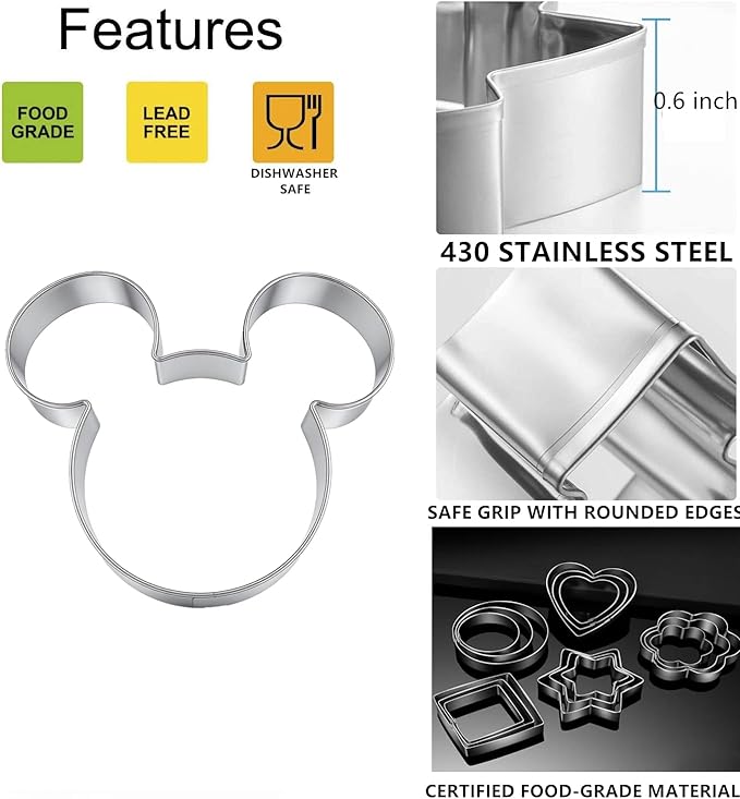 3PCS Mouse Cookie Cutters, Mouse Head Shapes Themed Biscuits Molds Stainless Steel Metal Cutter for Kids Birthday Party Holidays Baby Shower