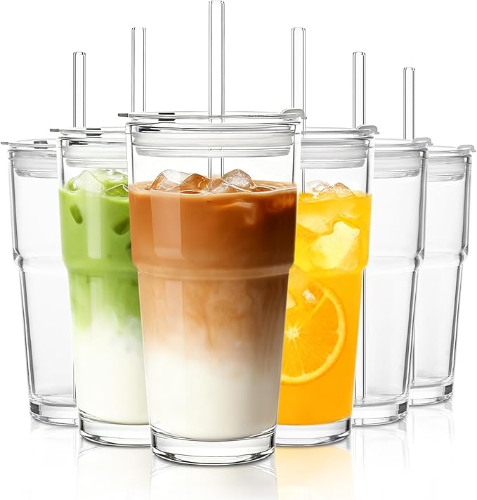 INSETLAN 20oz Clear Glass Cup with Lid and Glass Straw, Set of 6 Thickened Glass Coffee Tumblers, Drinking Glasses with Straw for Smoothie, Tea, Milk, Whiskey, Water and More – Elegant & Durable