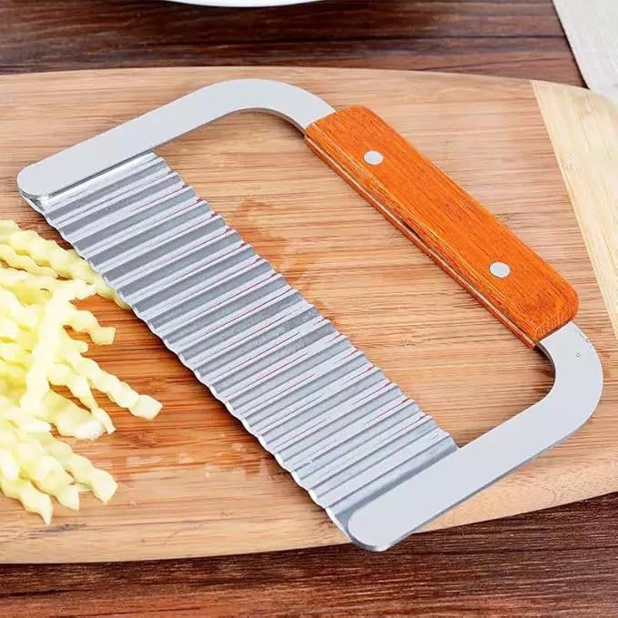 Heavy Duty Stainless Steel Large Crinkle Cutter Wavy Chopper French Fry Slicer for Potatoes Carrot Chips and Fruits, Vegetable, Potatoes, Onions (Wood-Style II, 1 PCS)