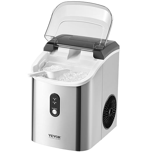 VEVOR Nugget, 33lbs/24H Pebble Ice Maker with Self Cleaning, Chewable Ice Maker with Ice Scoop & Basket, Stainless Steel Ice Machine with Transparent Lid for Home Kitchen Office Bar Party