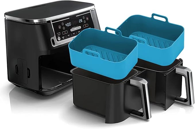 Air Fryer Liners Silicone for Ninja Foodi Dual DZ201/DoubleStack SL201 8QT, 2Pcs Reusable Airfryer Dual Basket for Chefman 6QT/Instant Vortex Plus XL 8QT | Non-stick | Easy Cleaning | Food Safe | Blue