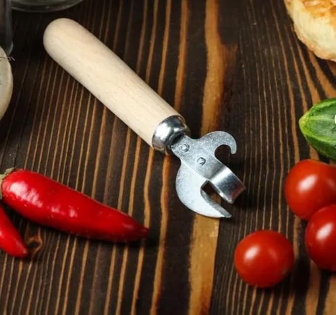 3-Piece Manual Kitchen Tool Set – Metal Garlic Press, Vegetable Dicer Grid & Can/Bottle Opener with Wooden Handle – Retro Style Durable Hand Tools for Camping, Home Cooking & Emergency Use