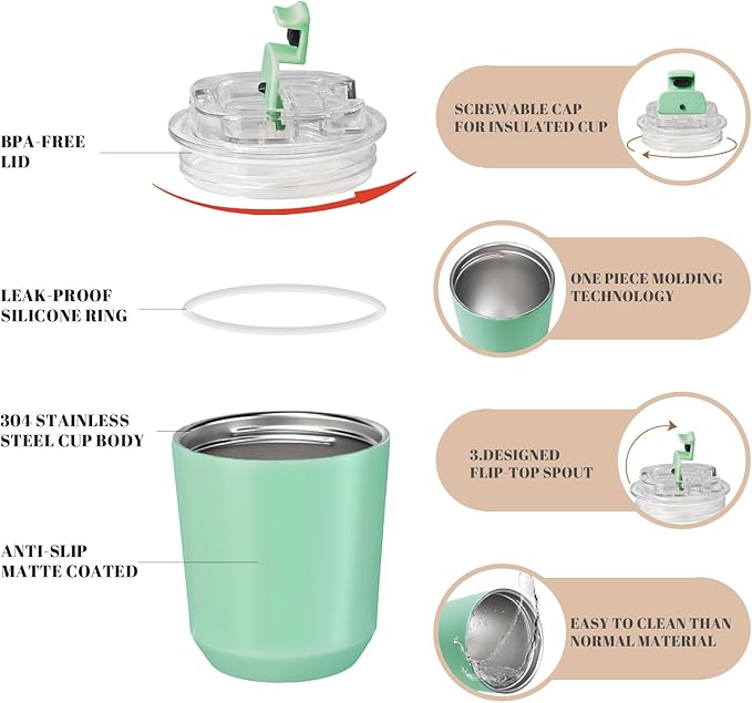 Puraville Insulated Tumblers with Lid, 10 oz Travel Coffee Mug Stainless Steel Vacuum Cup, Leak Proof Reusable Double Walled Coffee Tumbler for Iced and Hot Drinks, Green