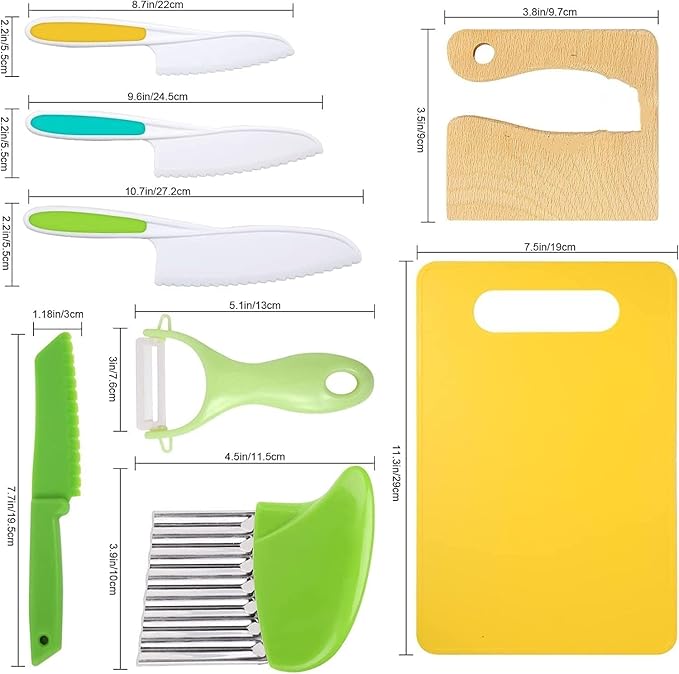 Leking 8 Pcs Wooden Kitchen Knife Set for Kids - Includes Safe Knives, Serrated Plastic Knives, Potato Slicers, Sandwich Cutter, Peeler and Cutting Board