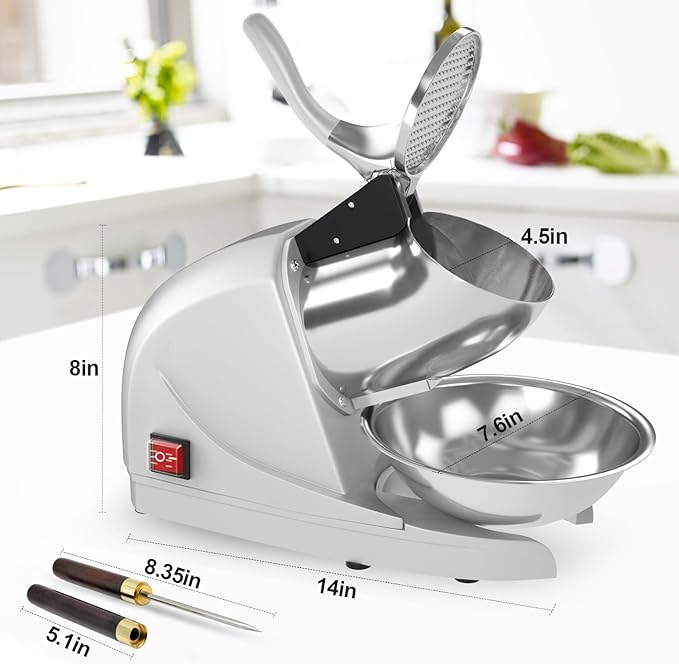 Shaved Ice Machine 380w Snow Cone Machine 3 Stainless Steel Blades Ice Shaver Machine Electric Ice Crusher 280lbs/hr Snow Cone Maker for Home and Commercial with Ice Pick(Silver)