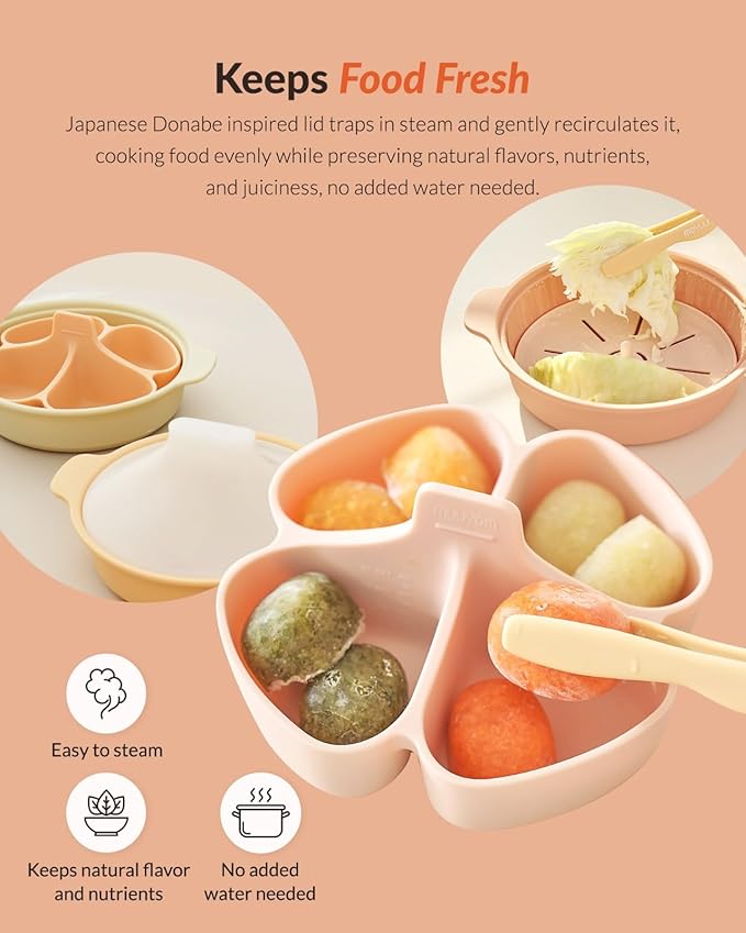 Moyuum Silicone Microwave Divided Steamer | Made in Korea, Baby Food Maker Bowl with 4 Compartment Divider and Steaming Tray, Steam Cooking Pot for Purees and Vegetables, Dishwasher Safe - Pistachio