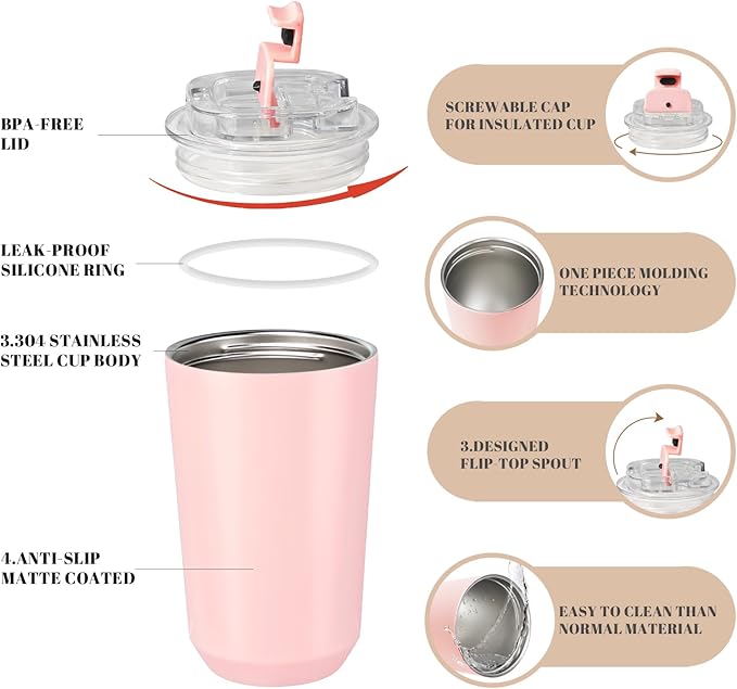 Puraville Insulated Tumblers with Lid, 14 oz Travel Coffee Mug Stainless Steel Vacuum Cup, Leak Proof Reusable Double Walled Coffee Tumbler for Iced and Hot Drinks, Pink