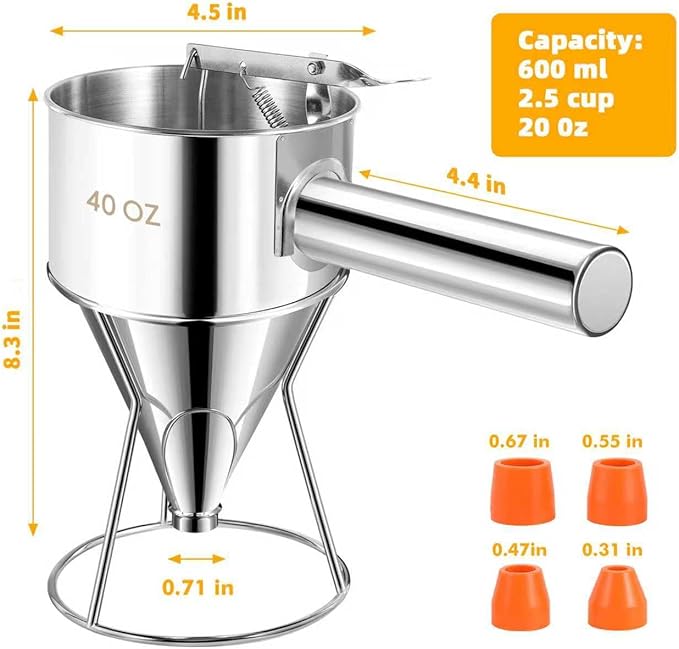 Pancake Batter Dispenser 20 OZ - Funnel Cake Dispenser with Stand, Stainless Steel, Leak-Proof Nozzle & Squeeze Handle, Precise Control, for Pancakes, Waffles, Cupcakes & Baked Goods
