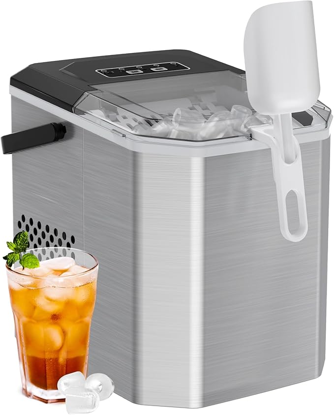 Ice Maker Countertop, Stainless Steel Portable Ice Machine with Carry Handle, Self-Cleaning Ice Makers with Basket and Scoop, 9 Cubes in 6 Mins, 26 lbs per Day, Stainless Steel