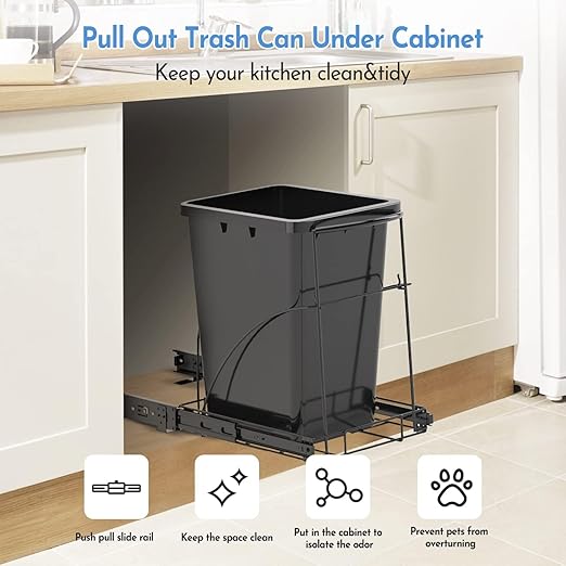 Tanamu Pull Out Trash Can Under Cabinet & Under Sink Garbage Can Pull Out，Heavy Duty Cabinet Organizer Roll Out Kit，Requires 13" W X 18" D Minimum Cabinets， Black Finish， (Waste Bin Not Included)