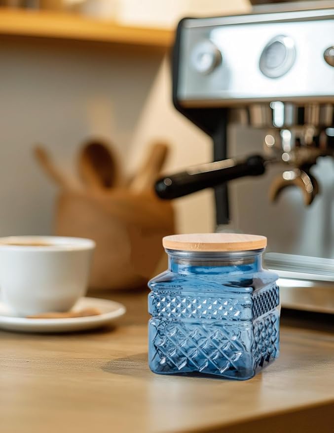 Glass Storage Canister with Airtight Lids, 20.3 FL OZ Thick Glass Candy Jar for Coffee Bean, Cocoa powder,Dog treats, Snacks Vintage Decorative Square Glass Jars for Coffee Bar Kitchen Party Counter