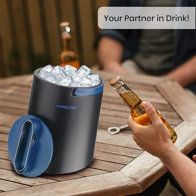 PINNACLE Insulated ice bucket for parties with Tong that fit into Lid - Stainless Steel ice bucket for cocktail bar with Collapsible Handles for indoor/outdoor bar, BPA Free (blue)