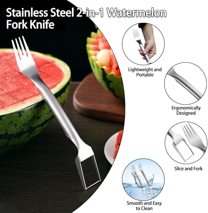 2PCS Watermelon Fork Slicer Cutter，Watermelon Fruit Tools with Melon Baller Scooper, Abnaok Stainless Steel 2-in-1 Watermelon Fork Knife, Portable Dual Head Fruit Forks for Home Party Kitchen Gadget