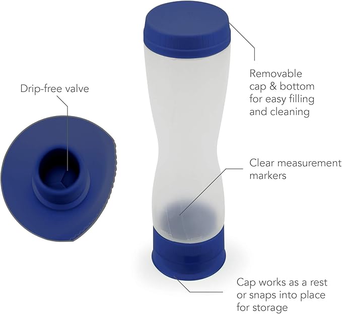 Tovolo Flow Pen 2.0 With Removable Cap 3-Cup Capacity Dispenser, Easy-Squeeze Batter Bottle With Mess-Free Valve for Pancake Art, Deep Indigo