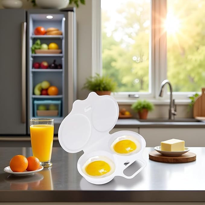 White Egg Poacher, Microwave Egg Boiler Poacher, 2 Cavity Nonstick Poached Egg Maker With Lid, Microwave Egg Cooker, Double Drain Poached Egg Cups Cookware, Egg Poachers（13 * 5cm）