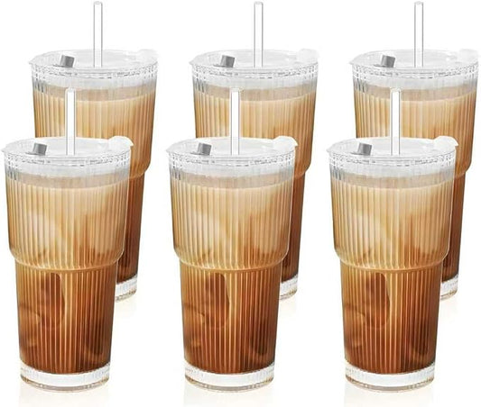 6 Pack 20 Oz Glass Cups with Lids and Straws Iced Coffee Cups Vintage Ribbed Glassware for Beer Ice Coffee Fruit Juice Elegant Aesthetic Cup Glass Iced Coffee Tumbler Include 3 Cleaning Brushes