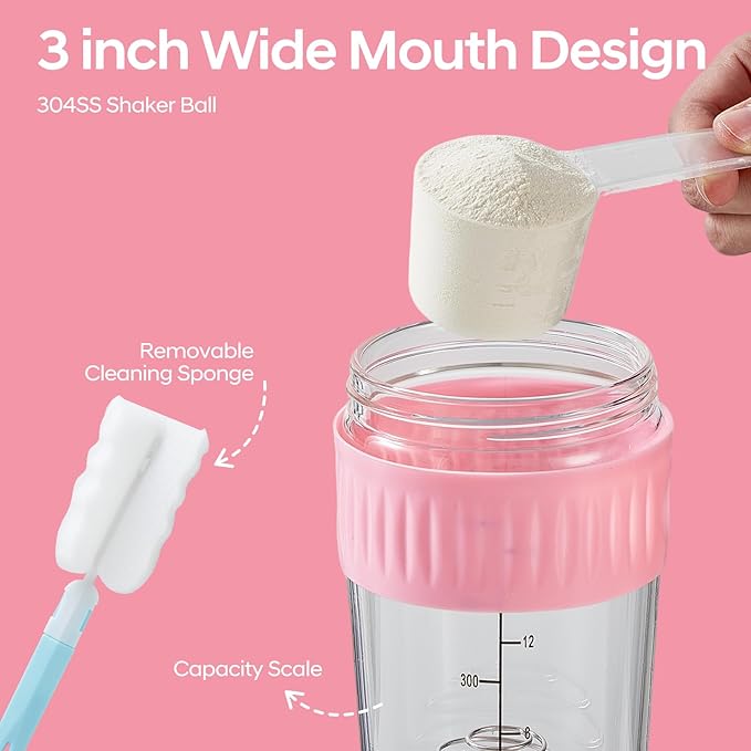 16oz Glass Shaker Bottle for Protein, 2 Pack Small Borosilicate Glass Protein Powder Leak-Proof Shaker Cup Mixes with 304 Blending Ball(16oz,Pink)