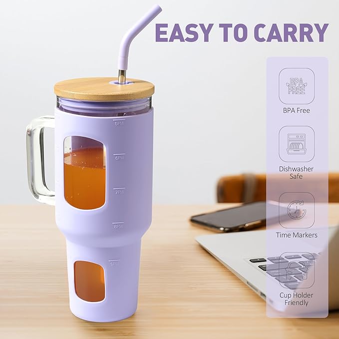 WINSA Glass Tumbler with Straw and Lid, 40 oz glass cup with handle, Glass Water Bottles with Time Marker, Silicone Protective Sleeve-Purple