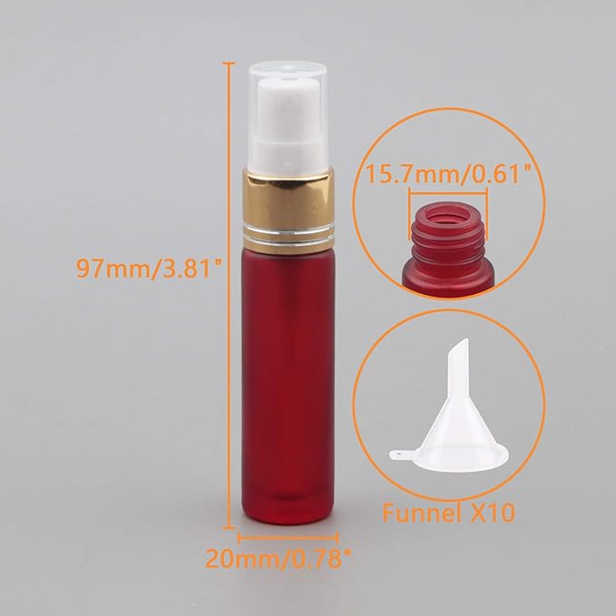Ellbest 10ml Empty Essential Oils Mist Spray Glass Bottle Gradient Color Refillable Container for Perfume, Massage, Cleaning Products (10 Matte Red Bottles &5 Droppers &10 Funnels)
