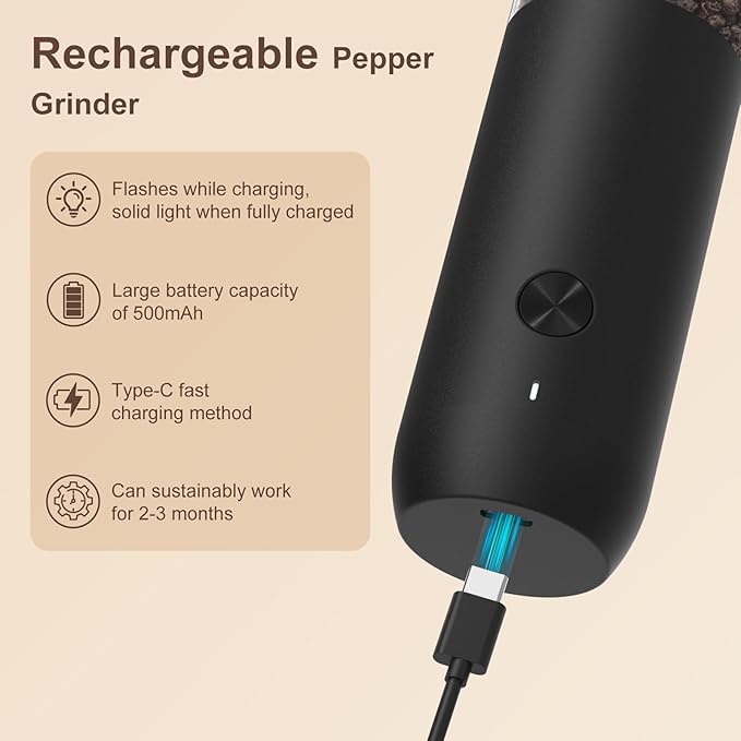 Ultrean Pepper Grinder, Rechargeable Salt and Pepper Grinder with 6 Adjustable Coarseness, LED Light, Automatic Grinder for Kitchen, Home and Kitchen Appliances Birthday Gifts for Women, Black