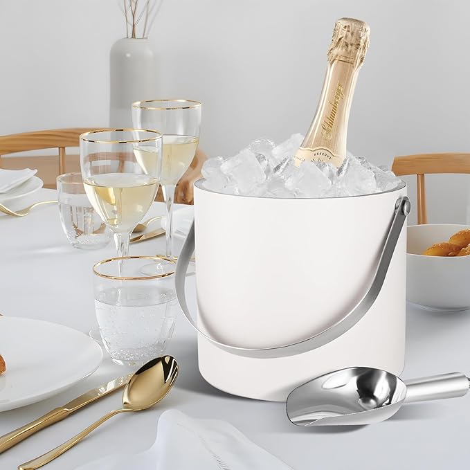 Bakpoco Insulated Ice Bucket with Silicone Lid, Scoop, Tongs & Strainer, 3L Stainless Steel Double Wall Ice Buckets for Parties & Cocktail Bar, Champagne Ice Bucket with Lid for Freezer, Ivory