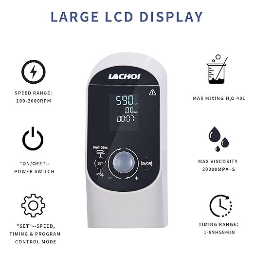 Electric Overhead Stirrer Mixer 100-2000RPM Timing Max.40L(H₂O) LCD Display Digital Overhead Stirrer Mixer 20000mPas Powerful Lab Stirrers Mixer with Stirring Rod&Stand
