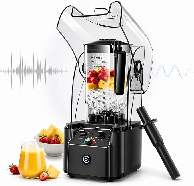 WantJoin Professional Commercial Blender With Shield Quiet Sound Enclosure 2200W Industries Strong and Quiet Professional-Grade Power, Self-Cleaning, Black
