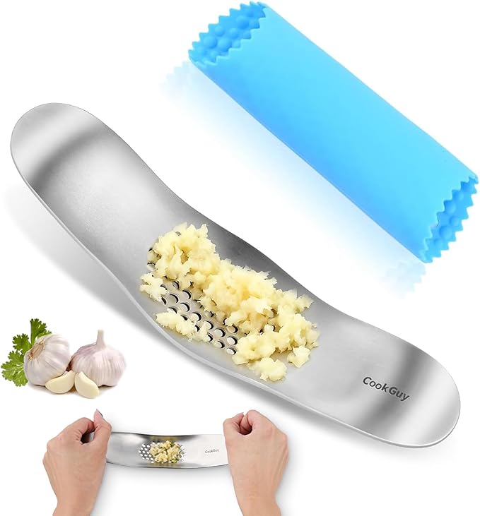 Cook Guy Garlic Press Rocker Set -304 Stainless Steel Premium All-Steel Garlic Mincer, Crusher, Peeler, and Scraper Tool for Effortless Mincing –Dual-Handle Garlic Grinder(B0201)