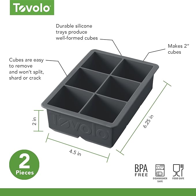 Tovolo Large 2” King Cube Ice Tray Charcoal Gray Ice Cube Trays for Whiskey Cocktails Smoothies, Big Square Ice Cube Mold Silicone Freezer Tray for Perfect Rock Cubes BPA Free Dishwasher Safe