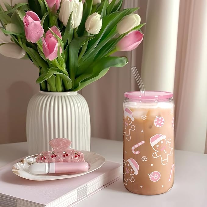 SANDJEST Christmas Gingerbread 16oz Can Glass Tumbler with Acrylic Lid & Straw, Iced Coffee Cup for Women Girls, Aesthetic Cups Gifts for Xmas