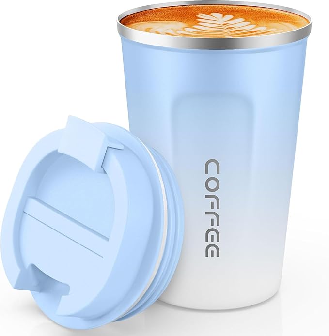 SPLMIFA Travel Coffee Mug Leak-Proof, Reusable Coffee Cups with Lids, Stainless Steel Vacuum Insulated Coffee Tumblers, Thermal Insulation Cup for Men and Women Hot & Cold Drinks(2nd-Blue White, 17OZ)